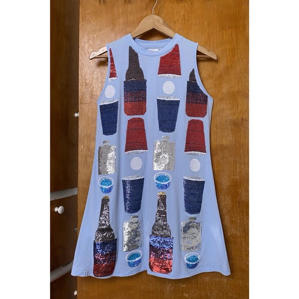 Queen Of Sparkles Sequin Mini Tank Dress Blue Icon Drinks Tailgate Sz XS Read
